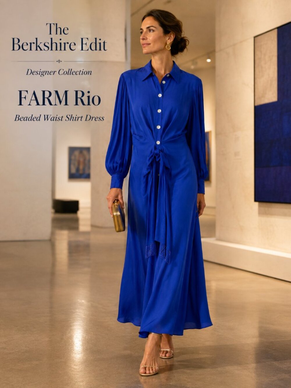 FARM Rio Cobalt Blue Beaded Fringe Tie Maxi Shirt Dress XS 100% Viscose